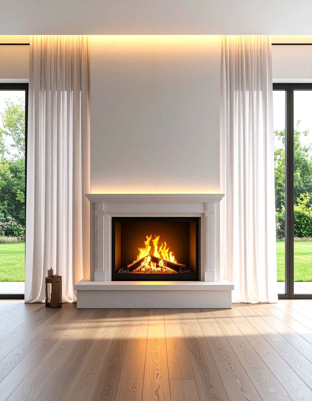 Minimalist Gas Fireplace with Curtain Walls - 20 Fireplace Between Windows Ideas