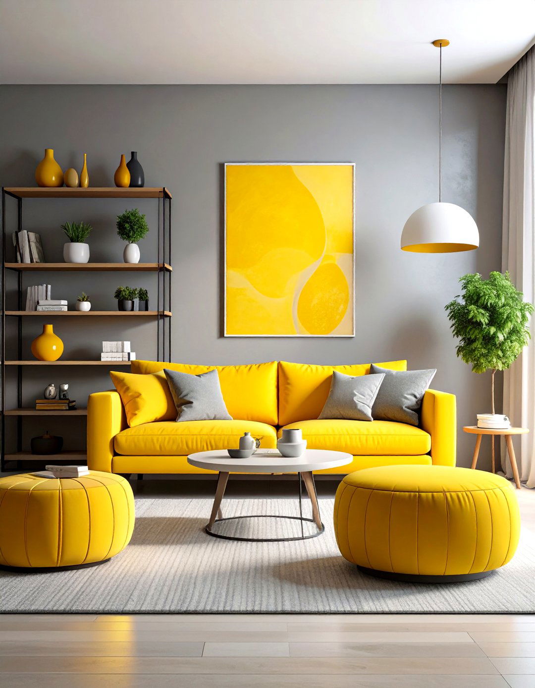 Minimalist Grey Shell with Lemon Pops for a Sleek Living Room - 20 Grey and Yellow Living Room Ideas