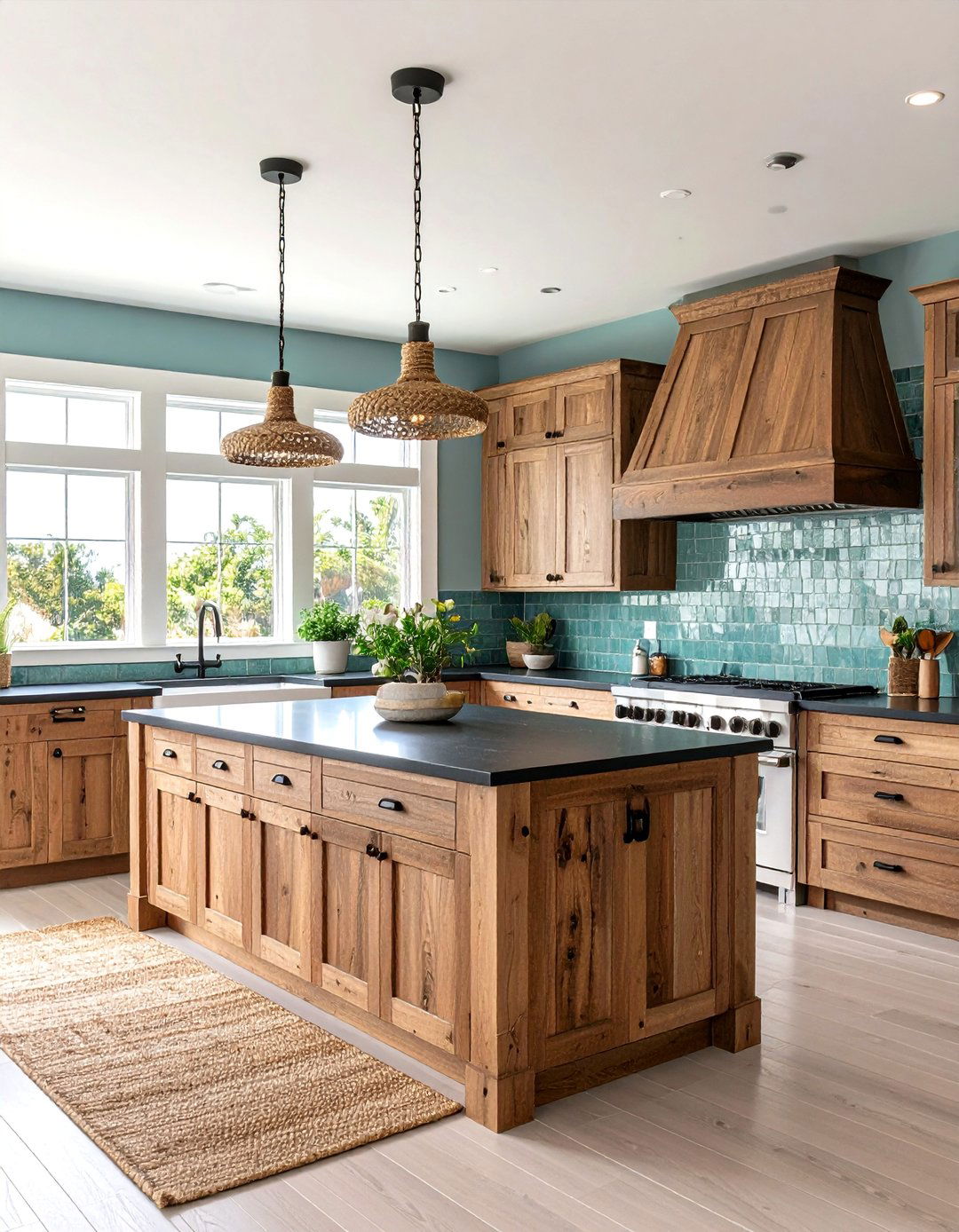 Minimalist Kitchen with Flat Panel Brown Cabinets and Black Solid Surface Countertops - 20 kitchen with brown cabinets and black countertops ideas