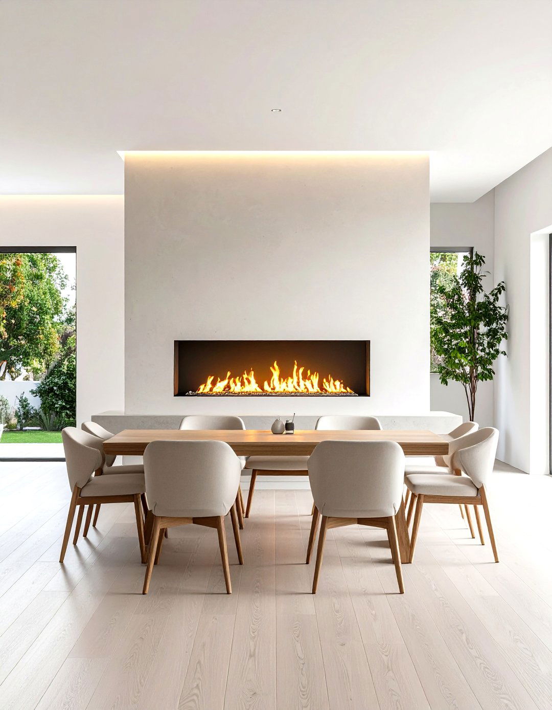 Minimalist Linear Fireplace Keeps Contemporary Dining Room Clean - 20 Dining Room With Fireplace Ideas
