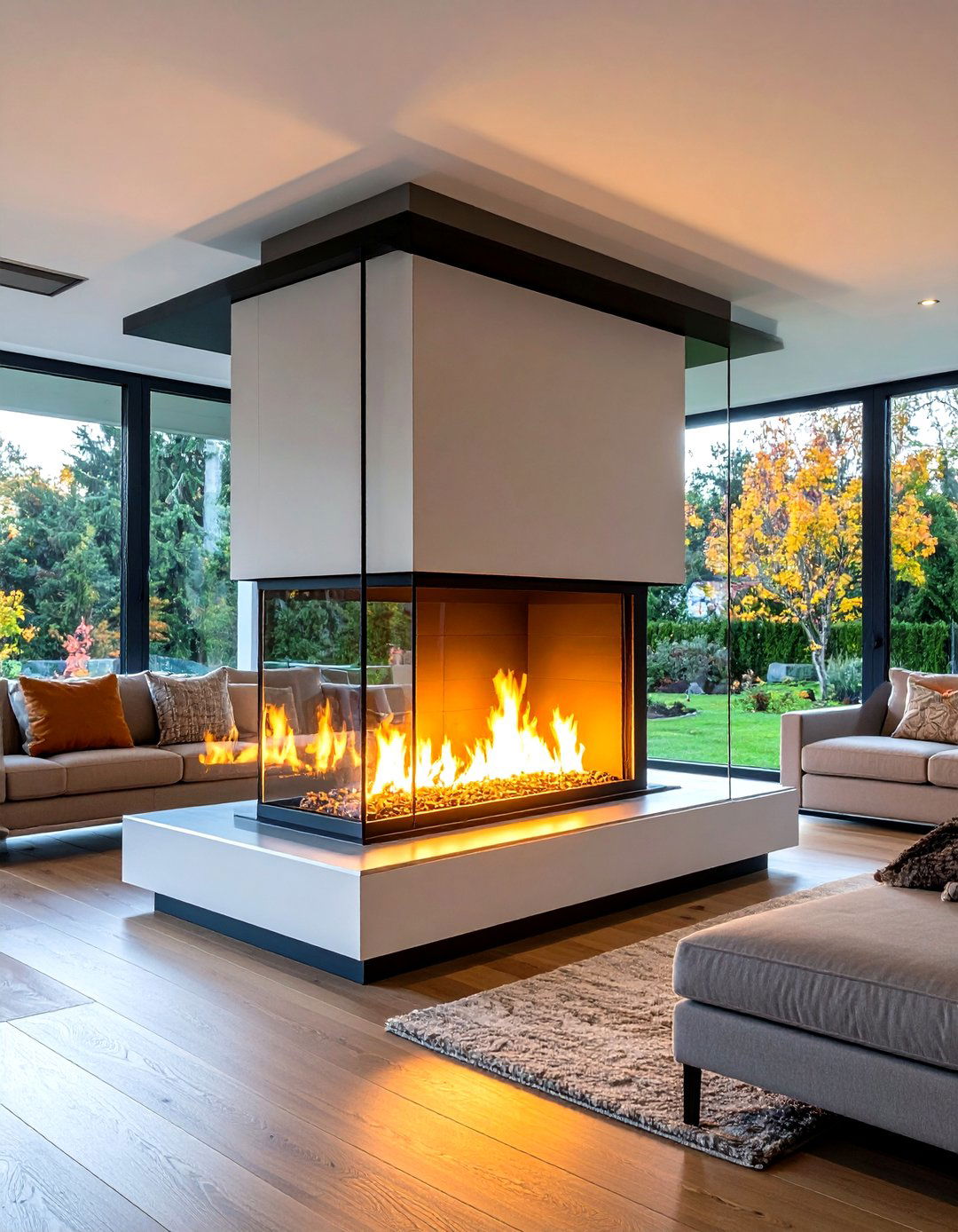 Minimalist Linear Three Sided Fireplace with Frameless Glass - 20 3 Sided Fireplace Ideas