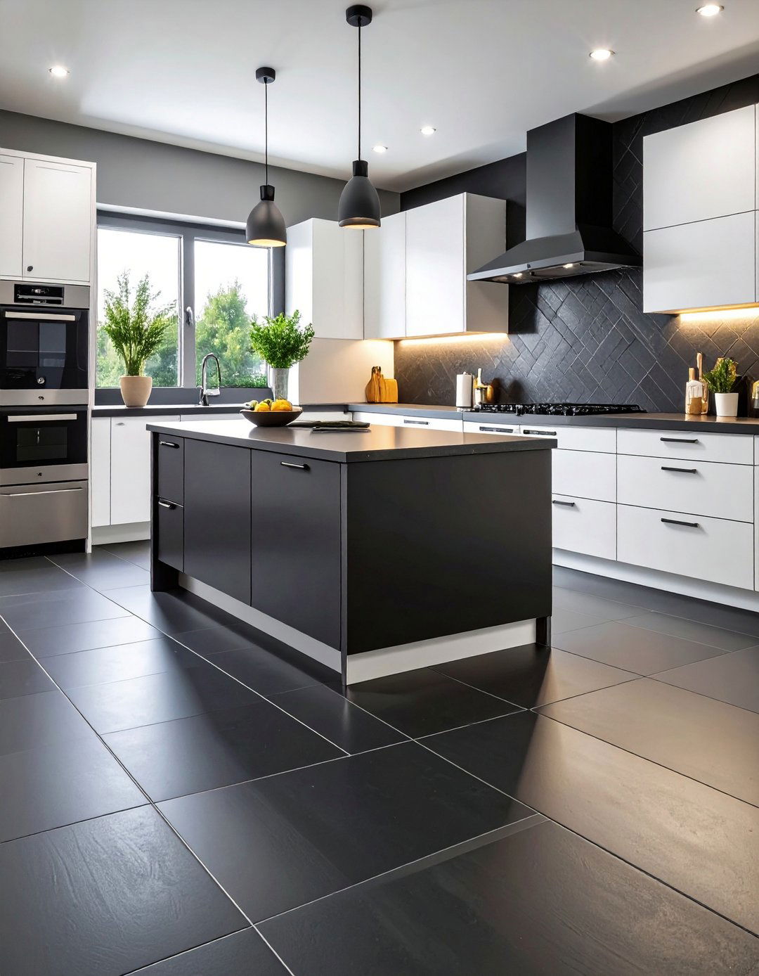 Minimalist Matte Black Kitchen Floor with Porcelain Tiles - 20 Black Kitchen Floor Ideas