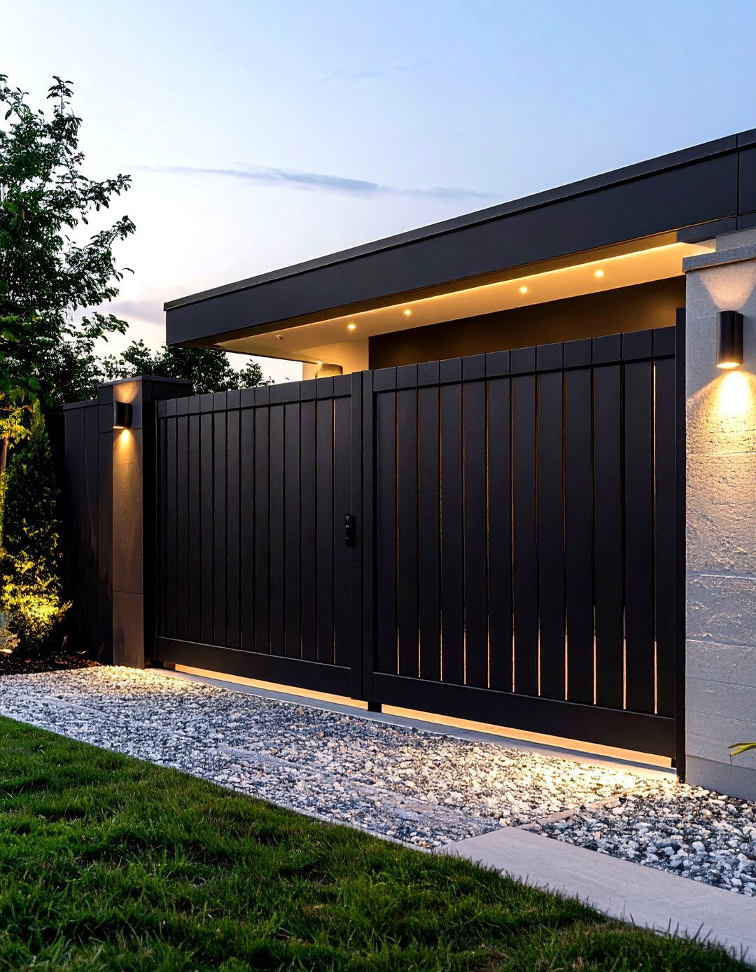 Minimalist Metal Fence Gate with Integrated Lighting - 20 Fence Gate Ideas