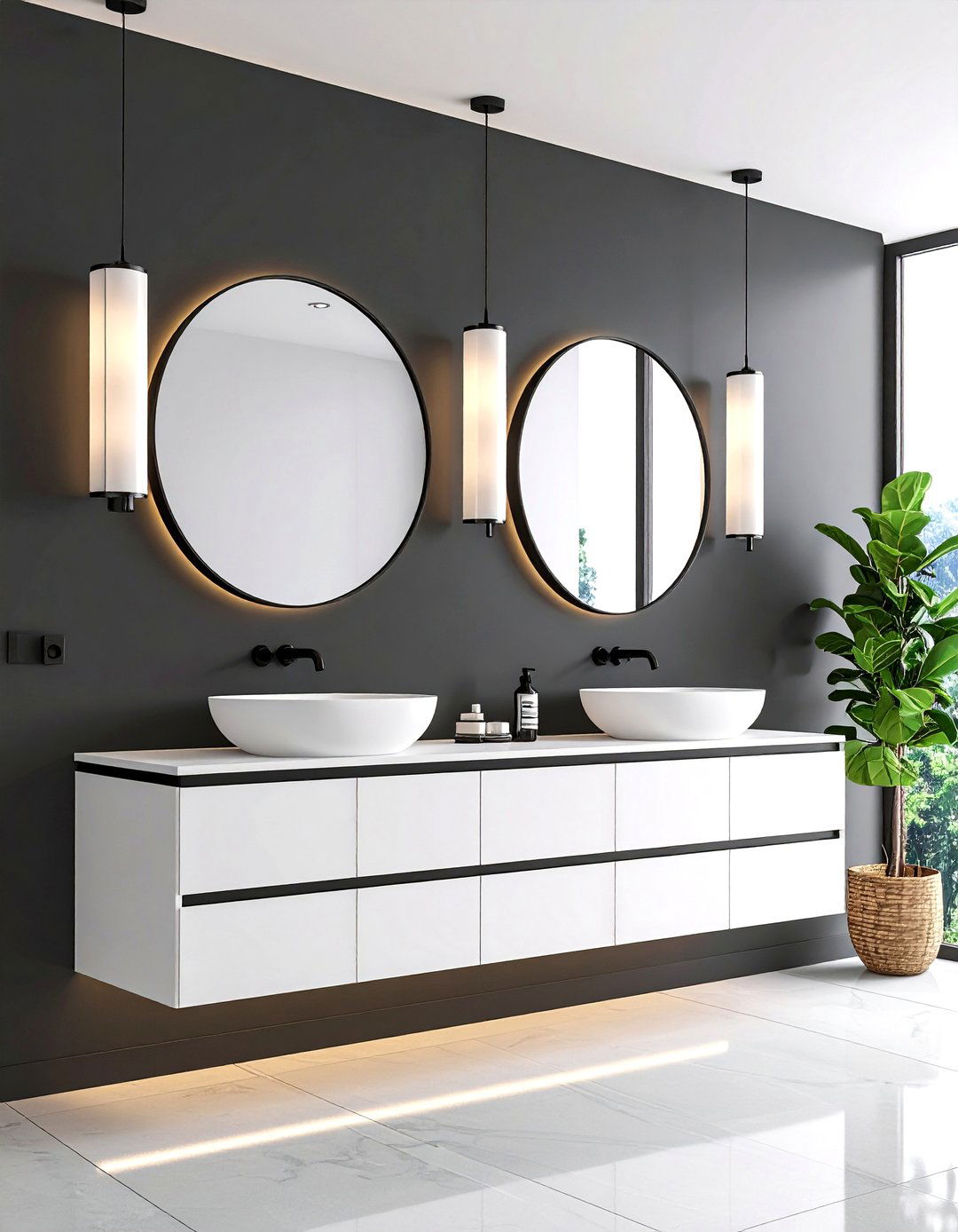Minimalist Monochrome With Floating Vanity - 20 Black and White Powder Room Ideas