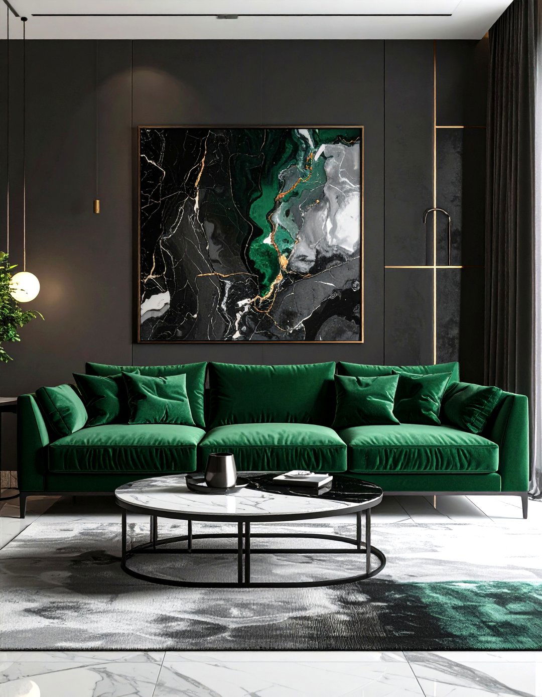 Minimalist Monochrome with Black and Marble - 20 Emerald Green Sofa Living Room Ideas