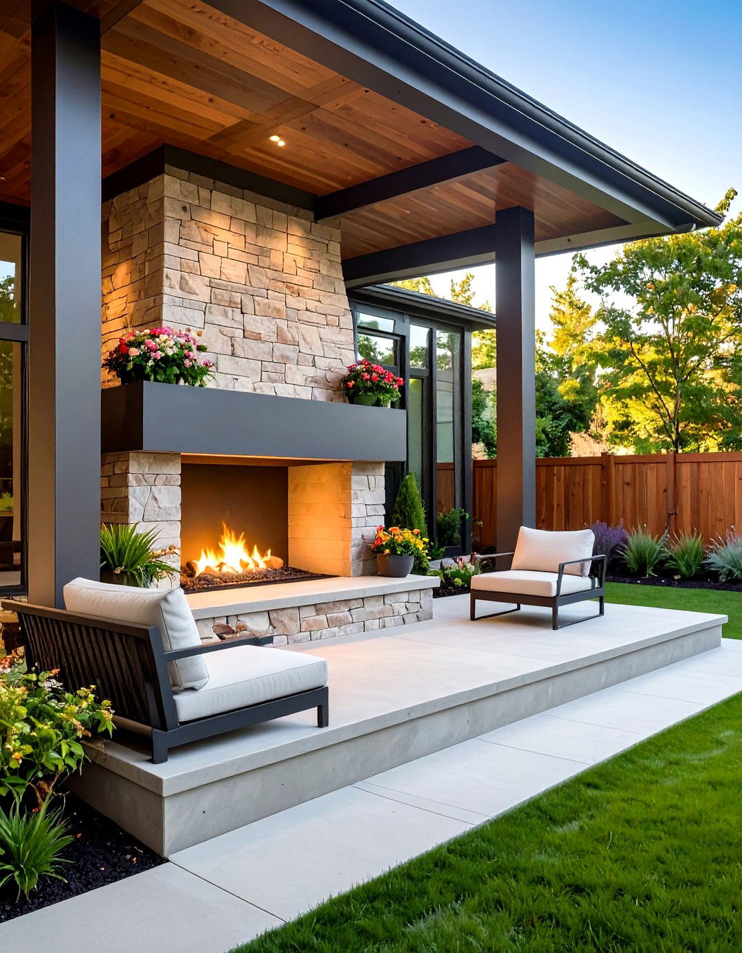 Minimalist Porch Fireplace with Sleek Steel and Concrete - 20 Porch Fireplace Ideas