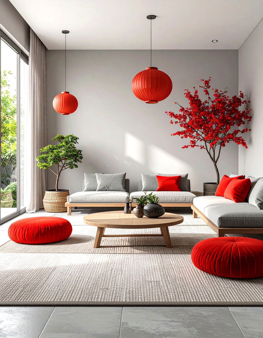 Minimalist Red and Grey Living Room with Japanese Influences - 20 Red and Grey Living Room Ideas