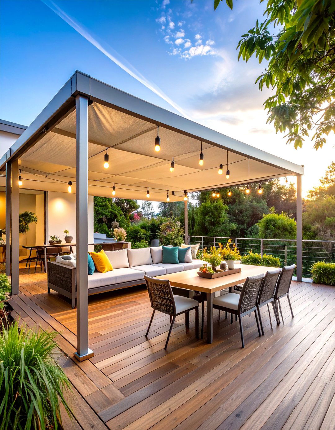 Minimalist Steel Cable Deck Awning with Tensioned Fabric - 20 Deck Awning Ideas