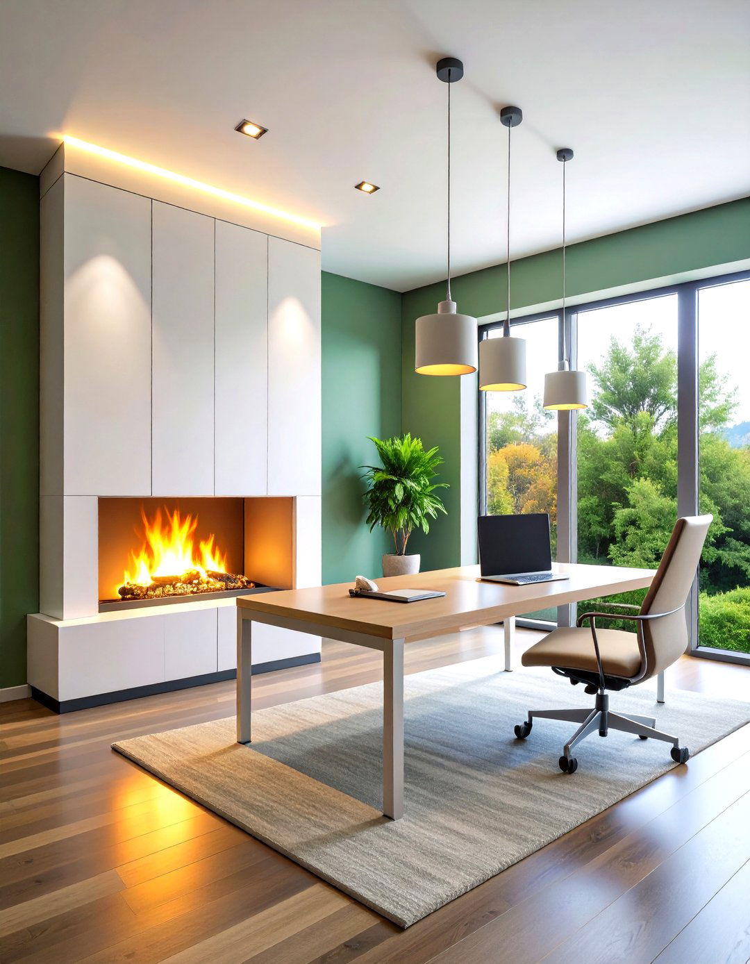 Minimalist Wall Mounted Fireplace in Workspace - 20 Home Office With Fireplace Ideas