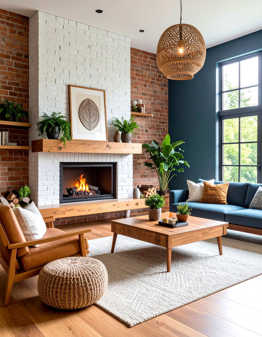 Minimalist White Brick Fireplace with Floating Wood Shelf - 20 White Brick Fireplace Ideas
