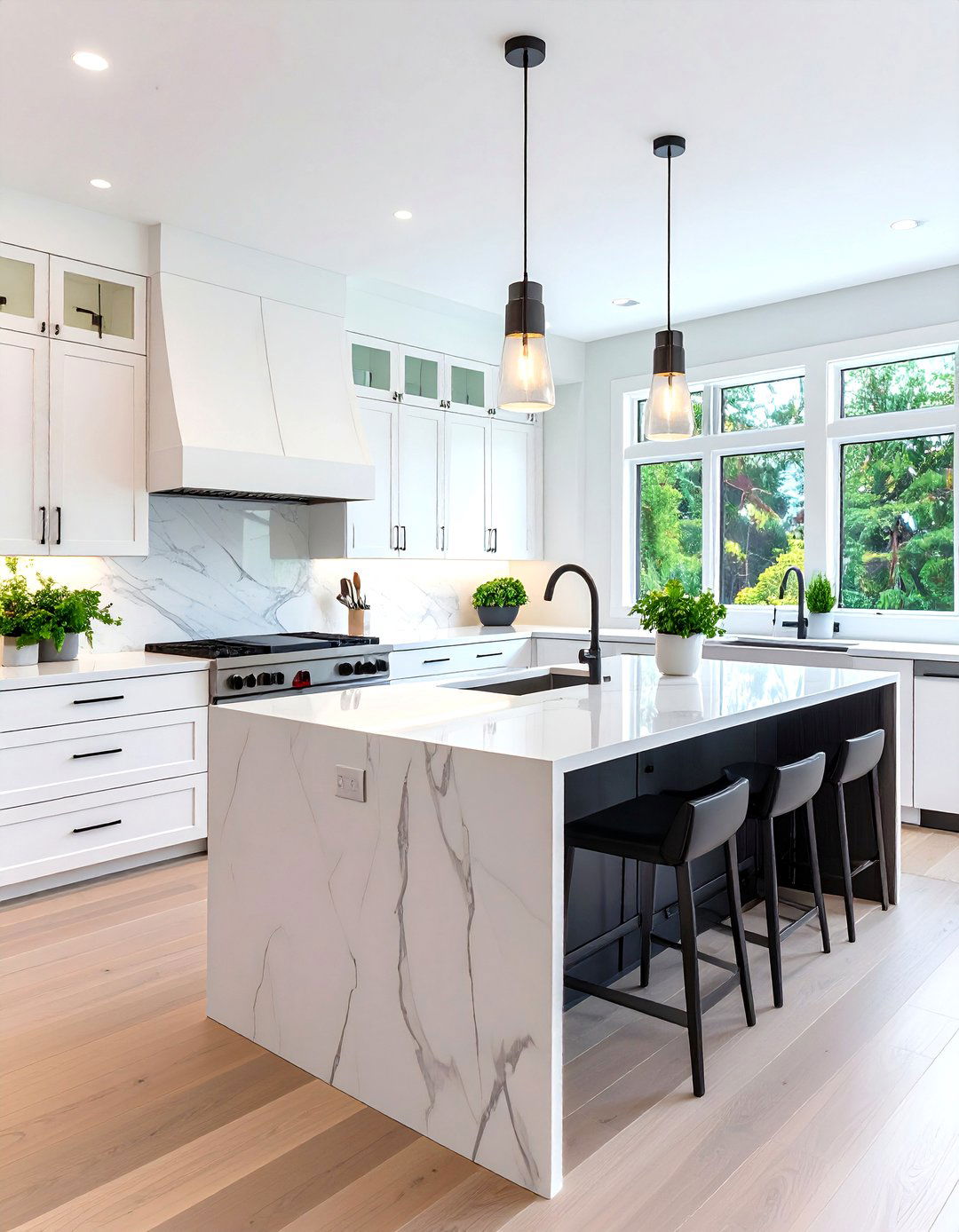 Minimalist White Kitchen Cabinets with Dark Grey Waterfall Island - 20 White Kitchen Cabinets With Grey Island Ideas