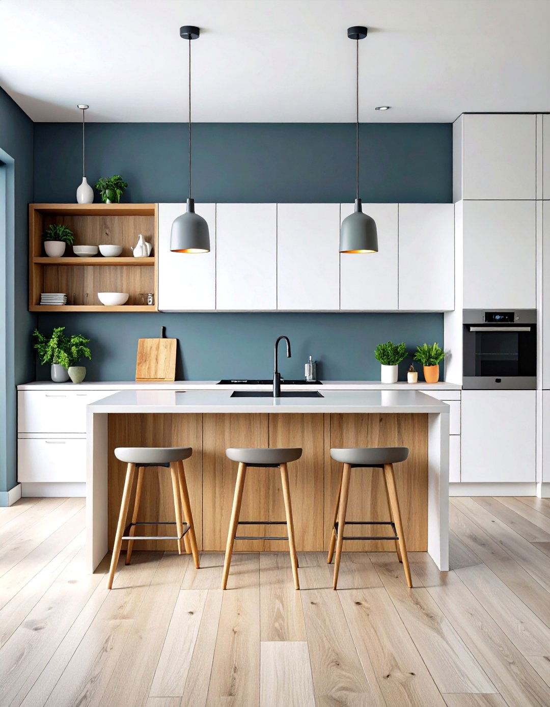 Minimalist White Kitchen with Slate Grey Accent Wall - 20 Grey and White Kitchen Designs