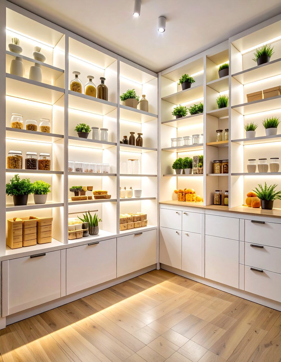 Minimalist White Pantry Shelving with Task Lighting - 20 Pantry Shelving Ideas