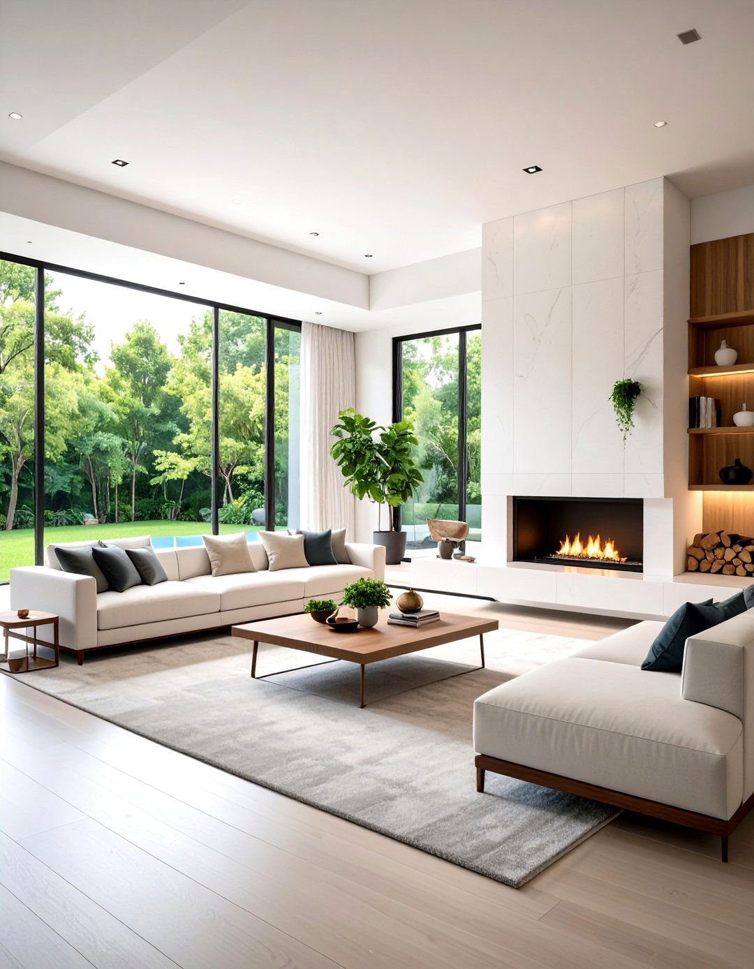 Minimalist White Stone Fireplace with Floating Hearth - 20 White Stone Fireplace Ideas