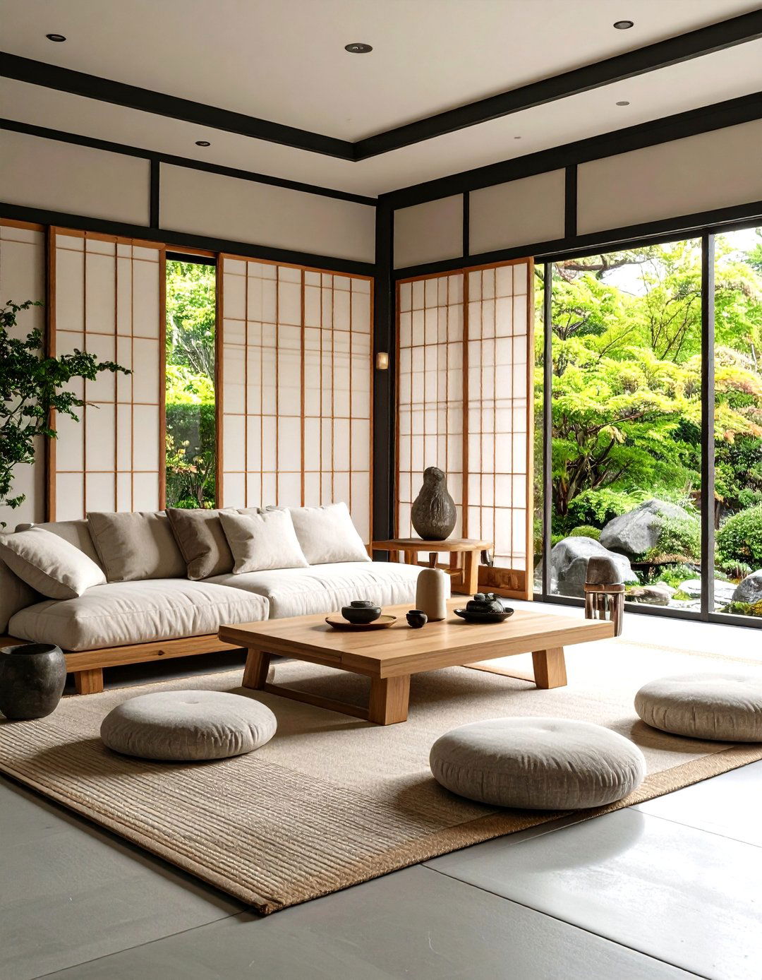 Minimalist Zen Grey Walls Black Trim Living Room - 20 living room grey walls black trim