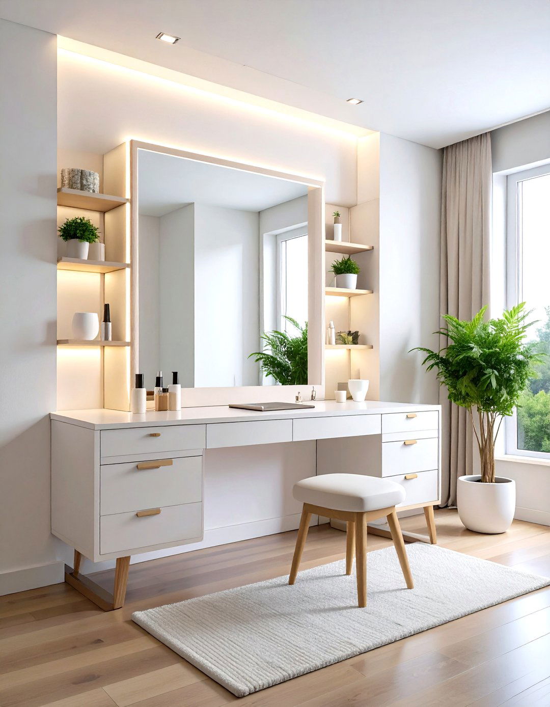 Minimalist Zen Makeup Room with Floating Elements - 20 Makeup Room Ideas