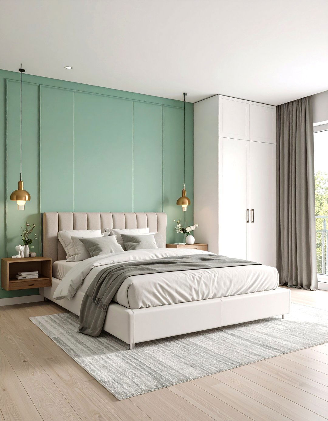 Mint Accent Wall With Sleek White Furniture - 20 Green and White Bedroom Ideas