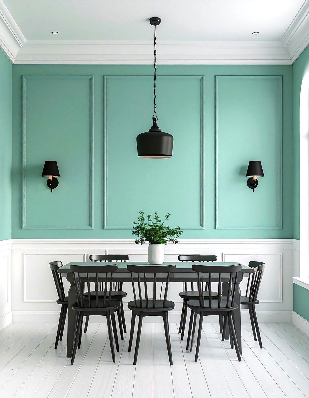 Mint Green Accent Wall with Crisp White Wainscoting - 20 Green Accent Wall Ideas