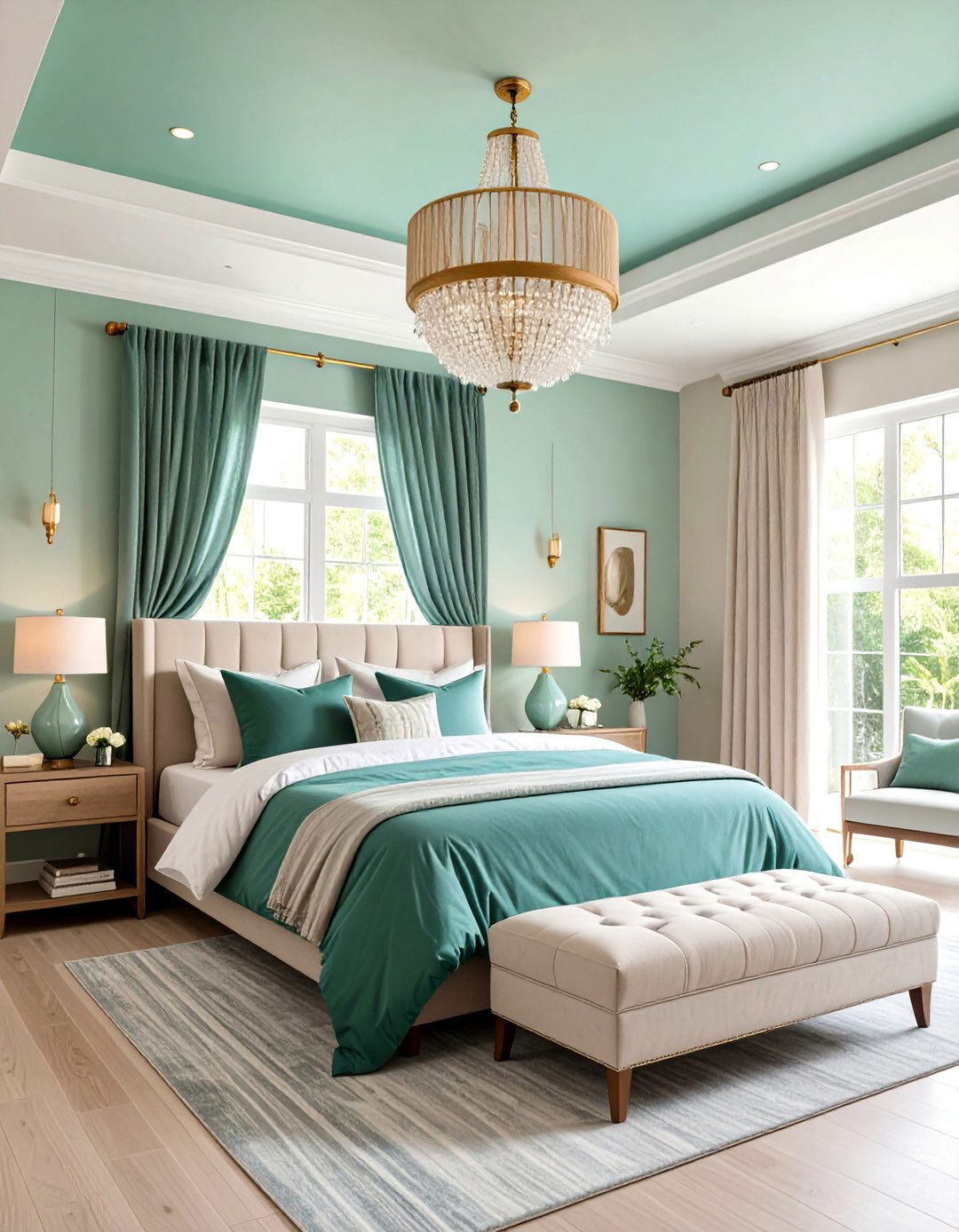 Mint Green Ceiling over Greige Walls - 20 Green and Grey Bedroom Ideas