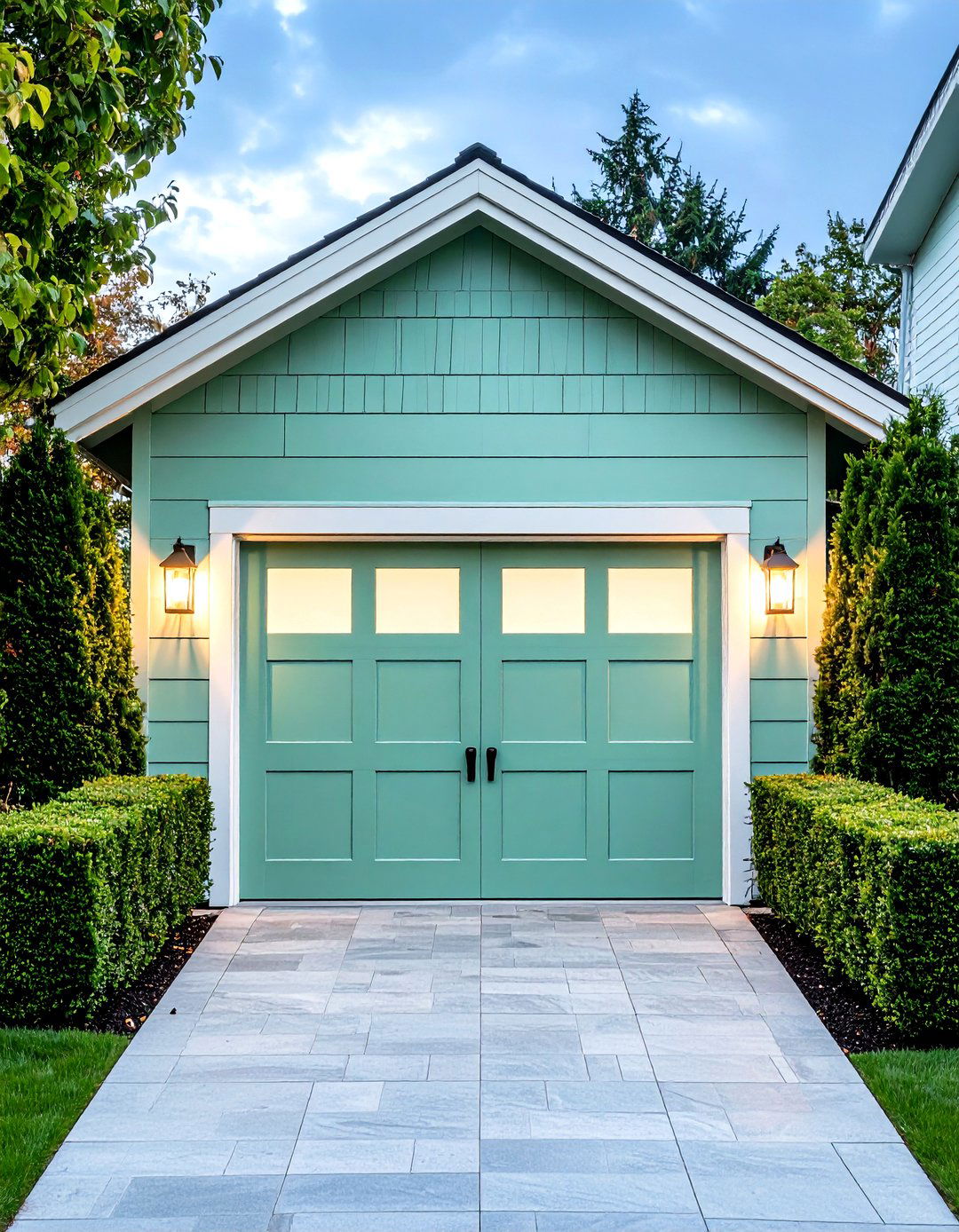 Mint Green Garage Door with Frosted Glass Inserts - 20 Green Garage Door Ideas