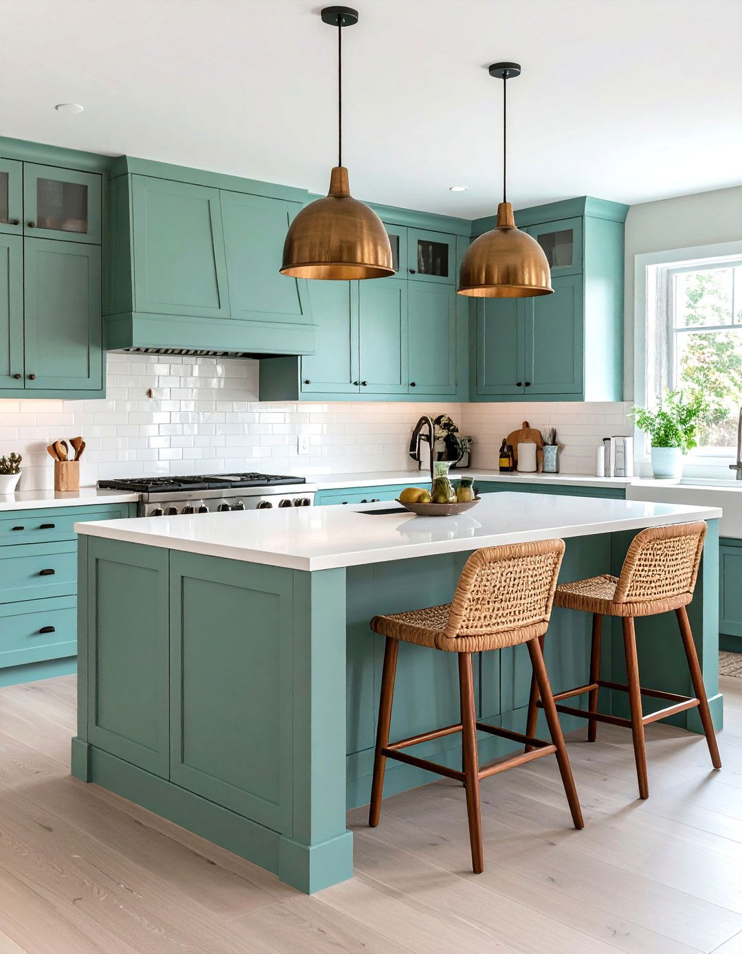Mint Green Kitchen Island with Dark Brown Surround - 20 Green and Brown Kitchen Ideas