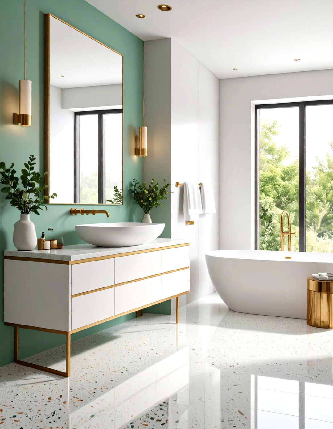 Mint Green Terrazzo Bathroom with Brushed Gold - 20 Green and Gold Bathroom Ideas