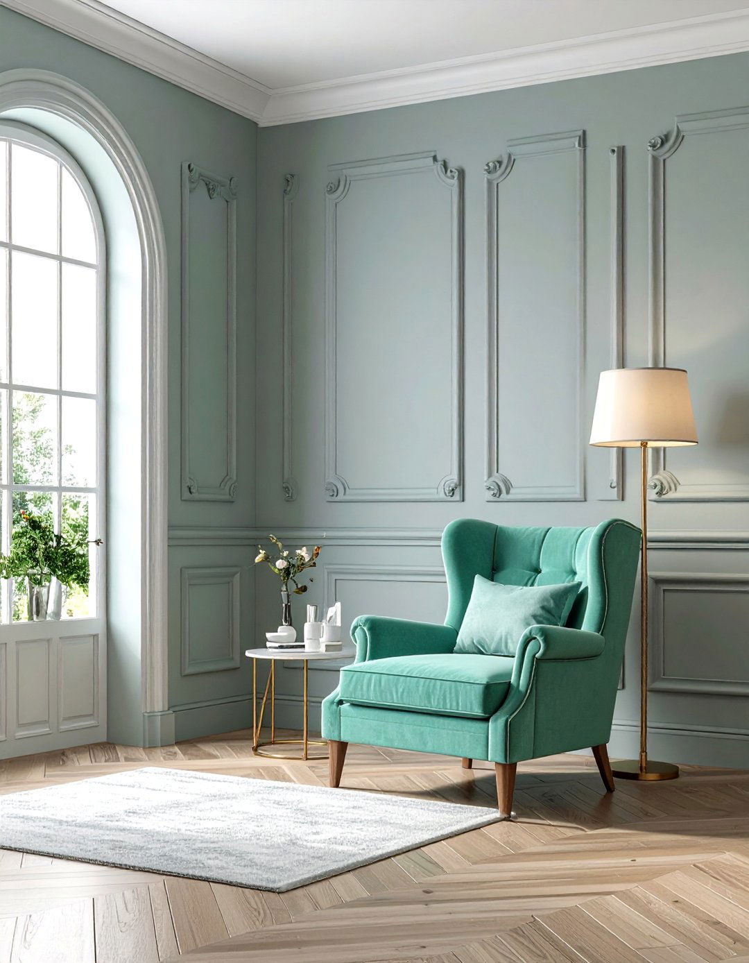 Mint Green Trim on Soft Grey Walls - 20 Green and Grey Living Room Ideas