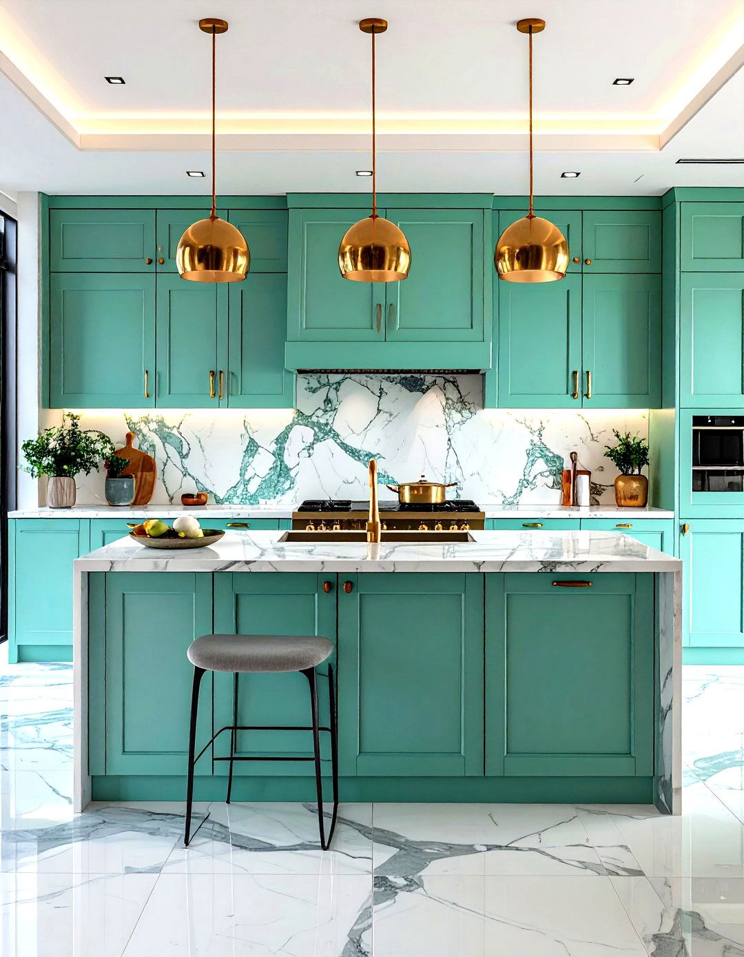Mint Kitchen Decor with Marble Slab Backsplash - 20 Mint Kitchen Decor Ideas