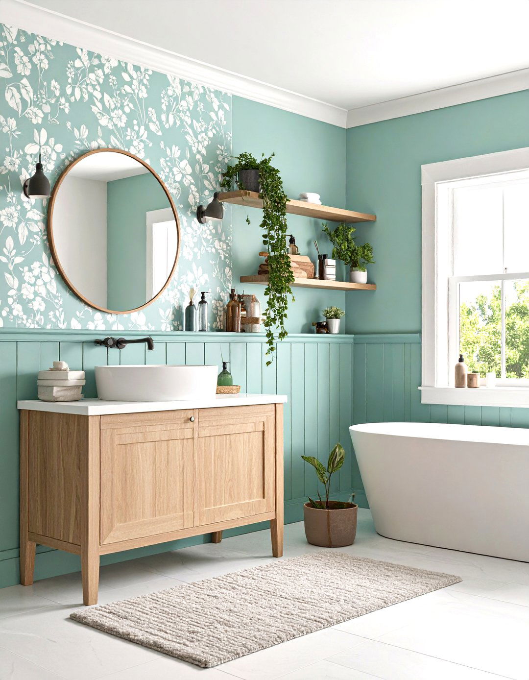 Mint Wallpaper and Dove Gray Wainscoting for Subtle Pattern - 20 Green and Grey Bathroom Ideas