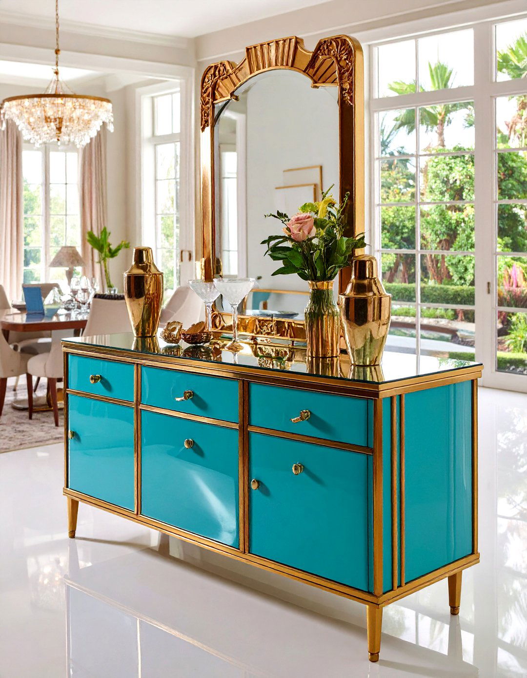 Mirror Backed Buffet Doubles the Deco Impact - 25 Art Deco Dining Room Ideas