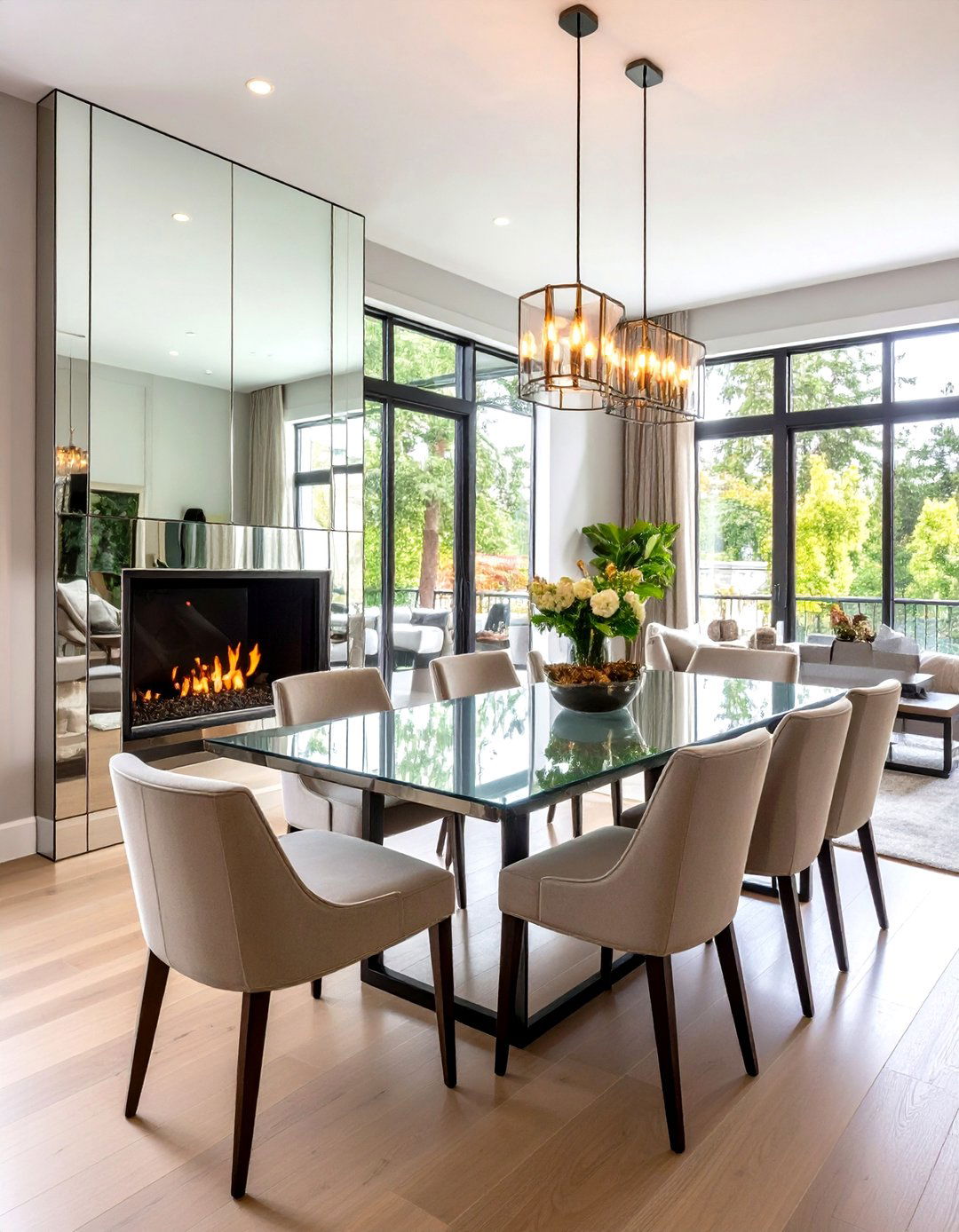 Mirror Clad Fireplace Amplifies Light in Compact Dining Rooms - 20 Dining Room With Fireplace Ideas