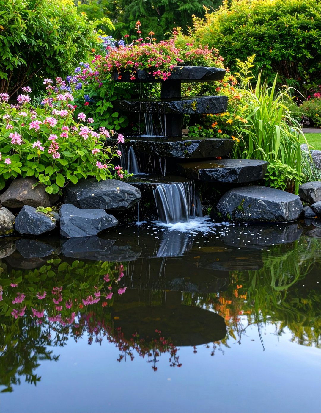 Mirror Edge Pond Liner Concealed by Black River Rock - 20 Black River Rock Landscaping Ideas