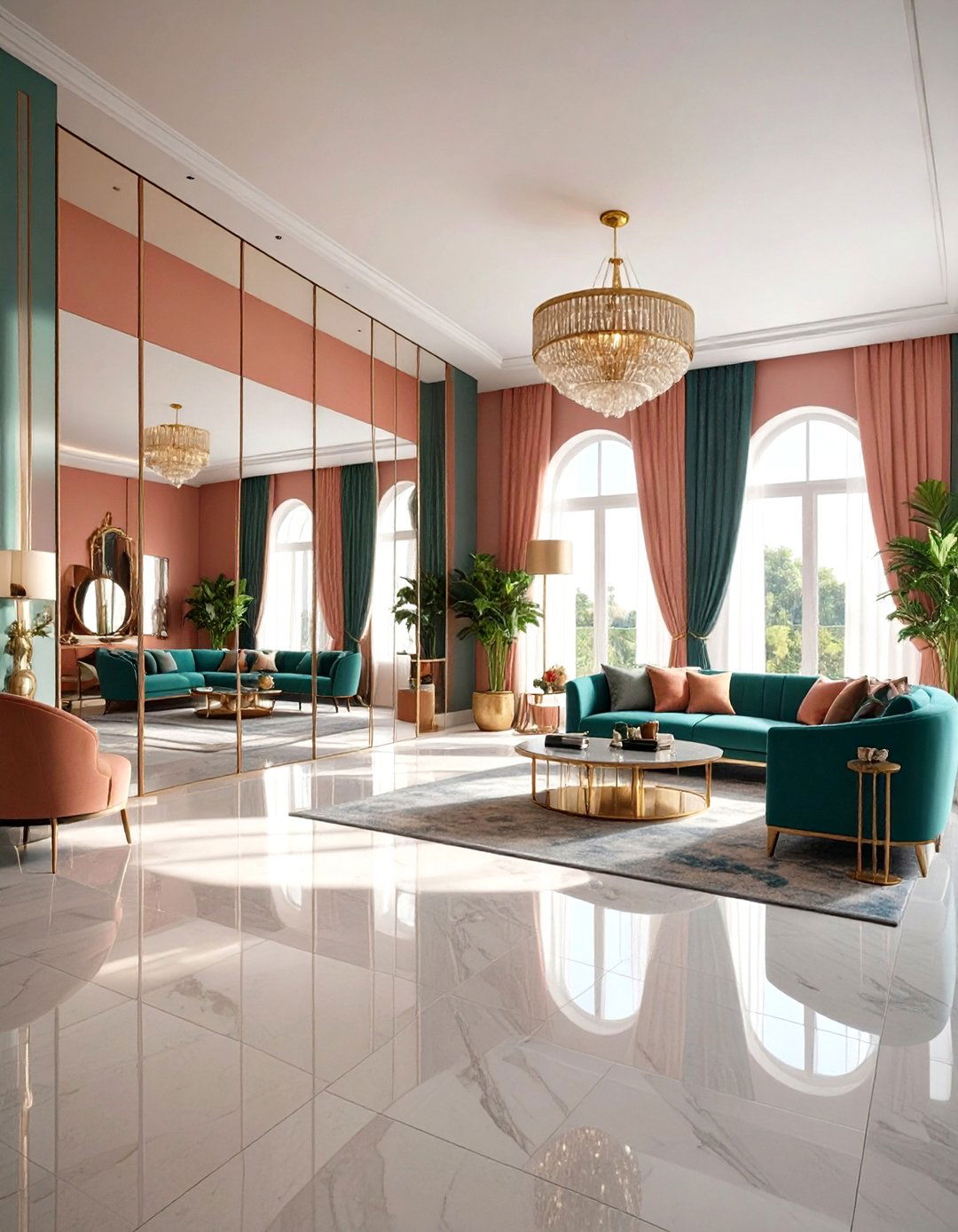 Mirror Paneled Accent Wall - 20 Glam Living Room Ideas