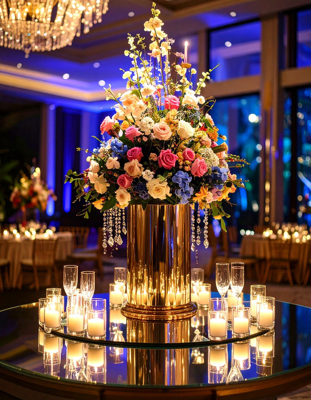 Mirror Pedestals with Tall Floral Arrangements - 20 Tall Wedding Centerpiece Ideas