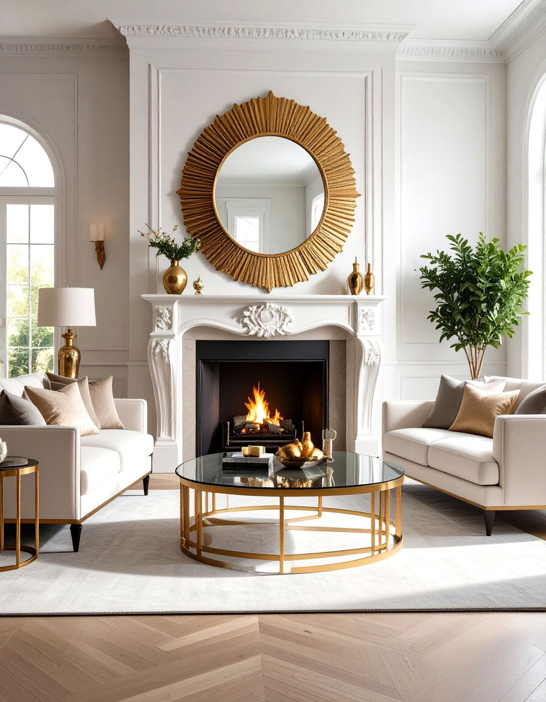 Mirror and Glass Add Glam to a Grey and White Living Room - 20 Grey and White Living Room Ideas