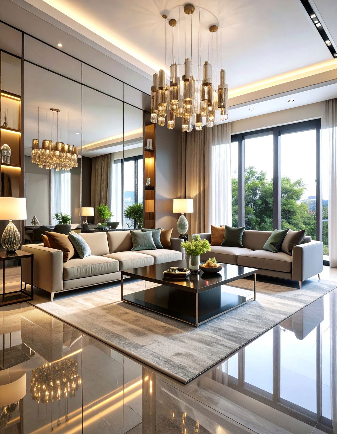 Mirror and Glass Condo Living Room Enhancement - 20 Condo Living Room Ideas