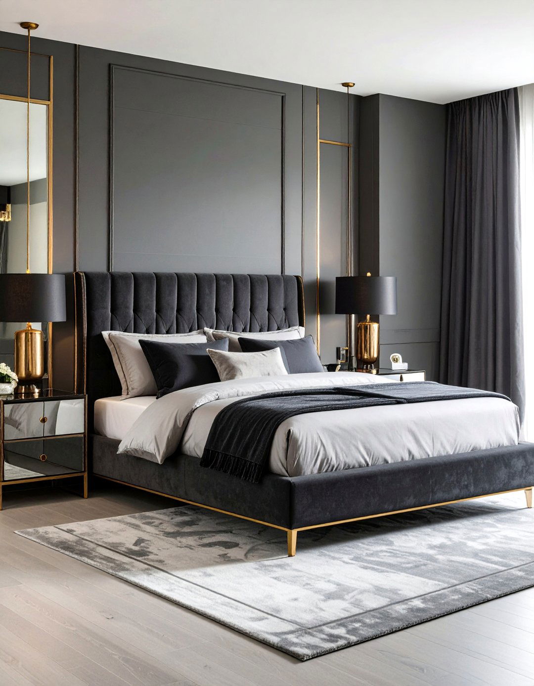 Mirrored Gold Bedsides for Reflective Glamour - 20 Black and Gold Bedroom Ideas