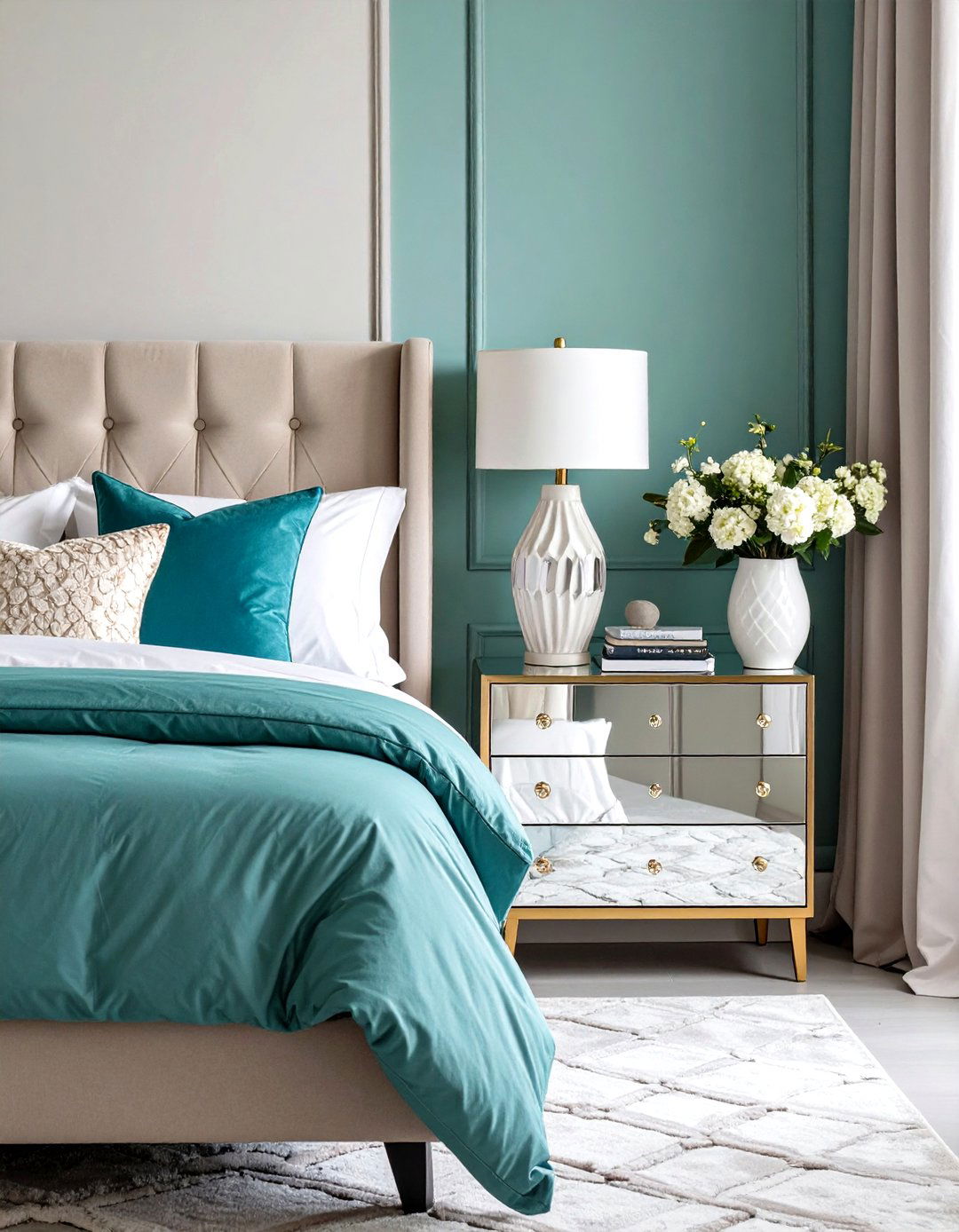 Mirrored Nightstands Reflect Light and Elegance - 20 Feminine Black and White Bedroom Ideas