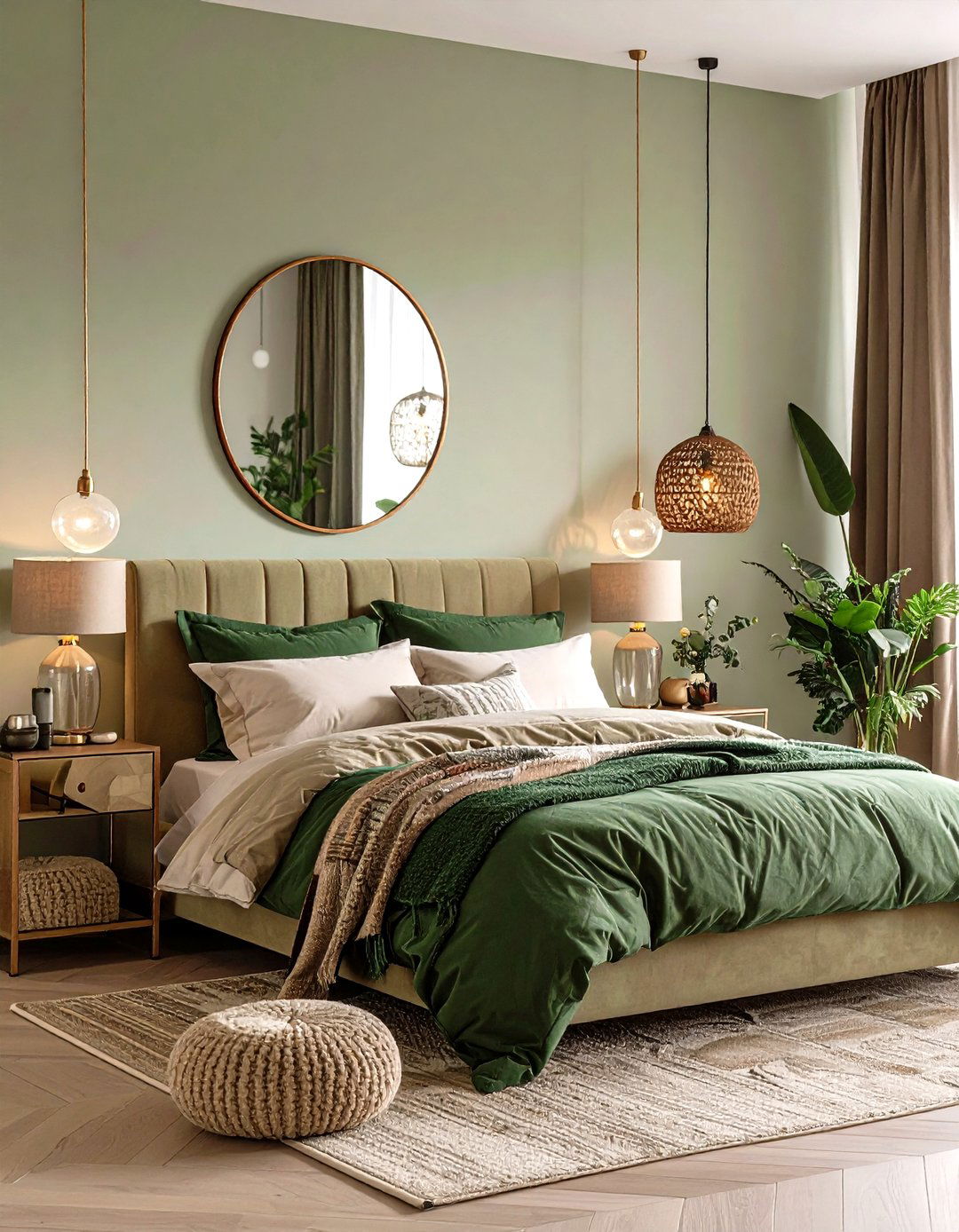 Mirrored Nightstands in Green and Beige Bedrooms - 20 Green and Beige Bedroom Ideas