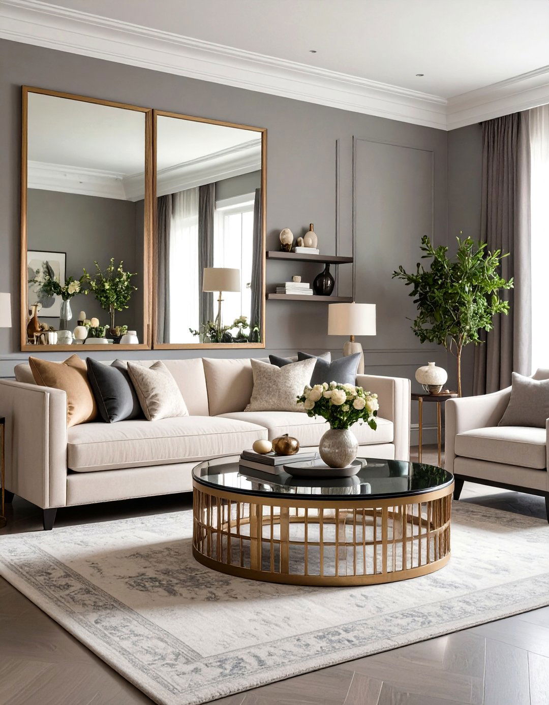 Mirrored Surfaces for a Brighter Grey and Cream Living Room - 20 Grey and Cream Living Room Ideas