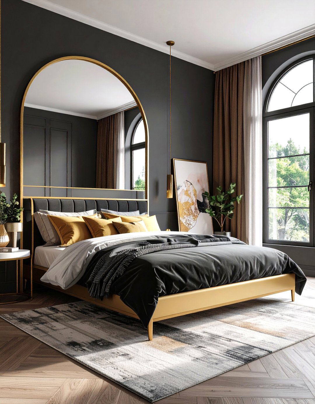 Mirrors and Artwork as Golden Accents - 20 Black and Gold Bedroom Ideas