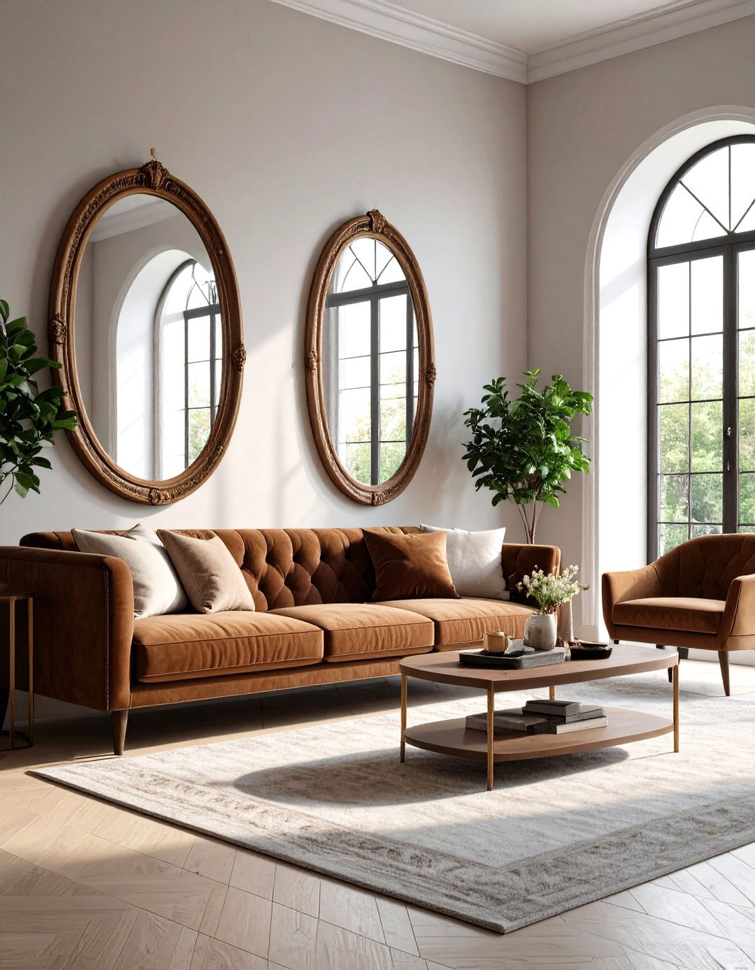 Mirrors and Glass for Extra Light - 20 Dark Brown Couch Living Room Ideas