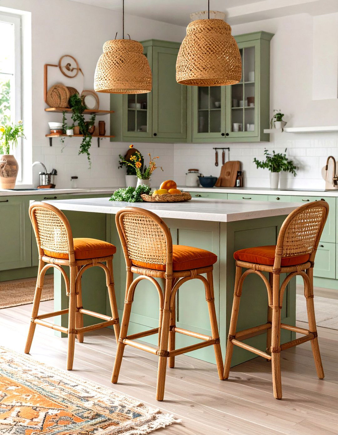 Mismatched Seating and Rattan Stools for a Relaxed Nook - 20 Boho Kitchen Ideas