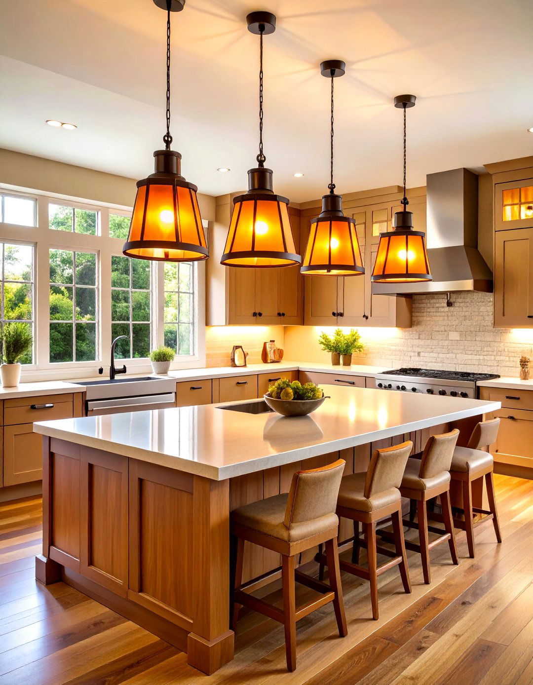 Mission Style Amber Mica Pendants Cast a Cozy Glow - 20 Craftsman Kitchen Ideas
