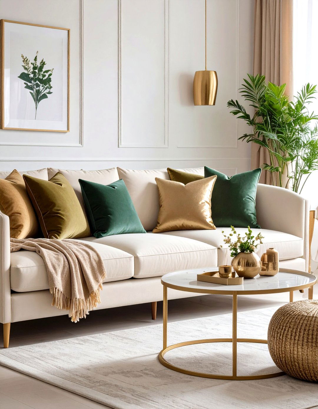 Mix Cream Upholstery With Accent Velvet Cushions - 20 Cream and Gold Living Room Ideas