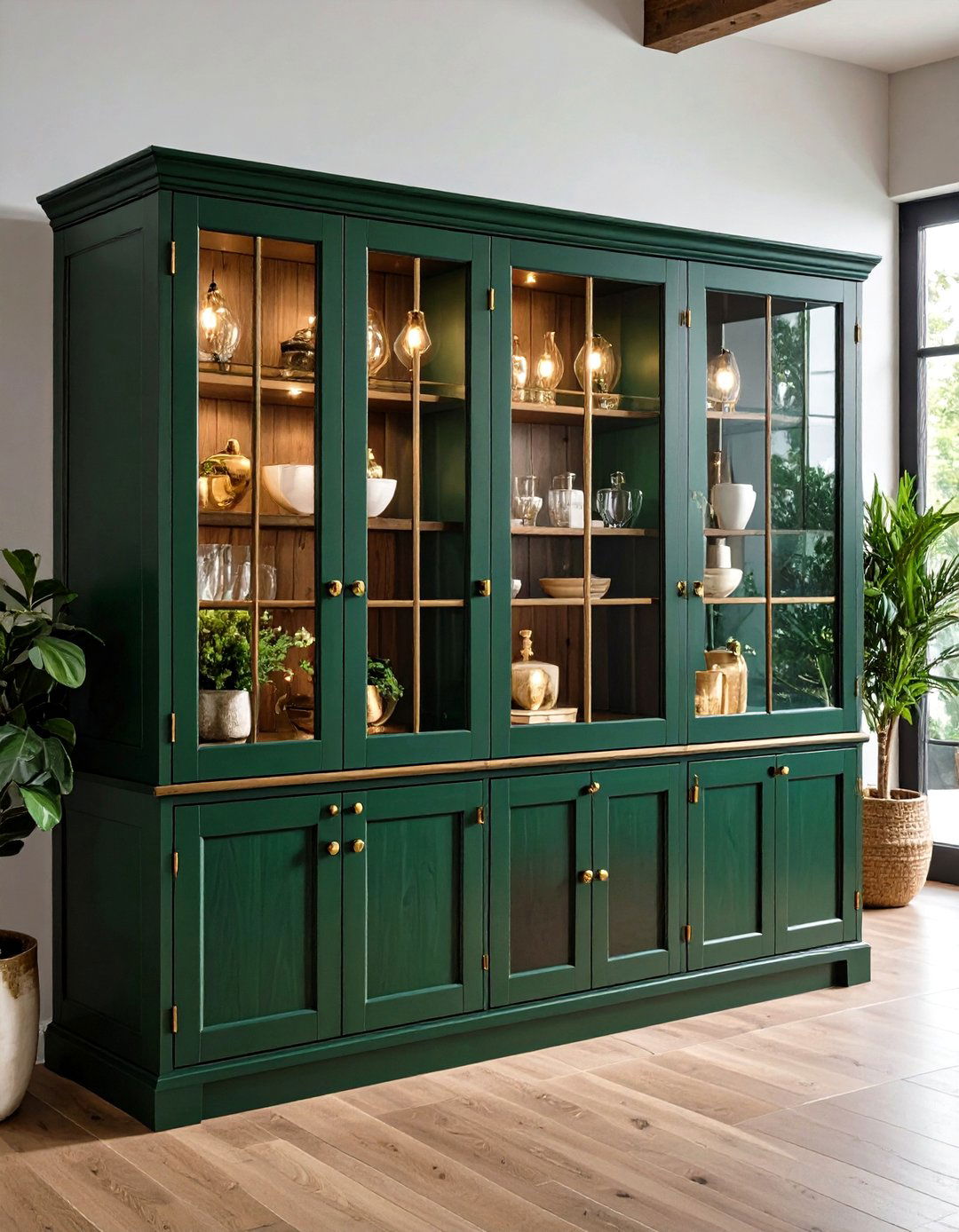 Mix Forest Green with Glass Front Showcases - 20 Forest Green Kitchen Ideas