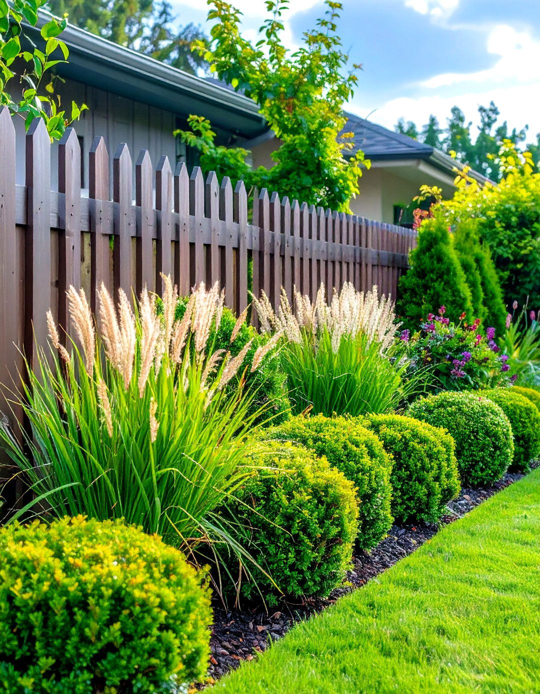 Mix Up Textures with Grasses and Shrubs - 20 Simple Fence Line Landscaping Ideas