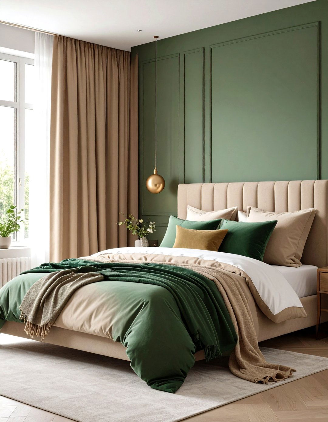 Mixed Fabrics Creating Depth in Green and Beige Bedrooms - 20 Green and Beige Bedroom Ideas