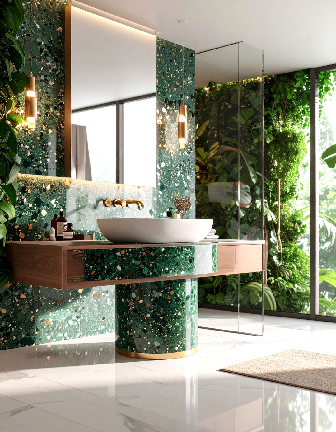 Mixed Green and Gray Terrazzo Pedestal Sink - 20 Green and Grey Bathroom Ideas