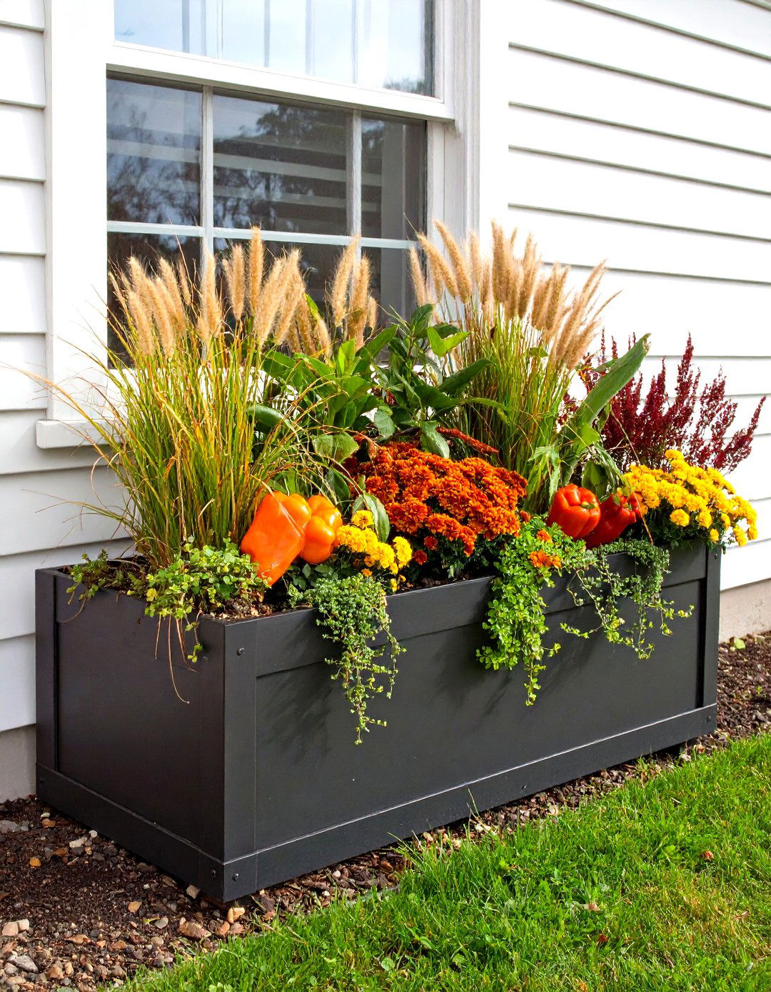 Mixed Height Fall Window Box with Ornamental Grasses - 20 Fall Window Box Ideas